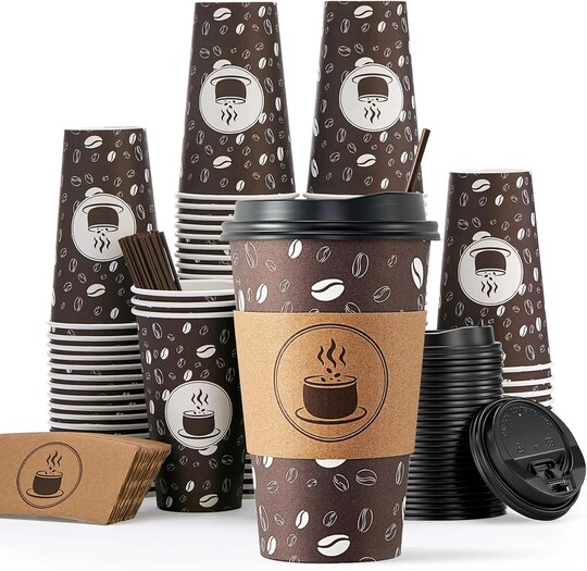 Disposable Coffee Cups with Lids, Sleeves and Straws - 12oz(100 Pack) Paper Coffee Cups with Lids, Durable, BPA Free Hot Cup for Shops, Cafes, and Concession Stands